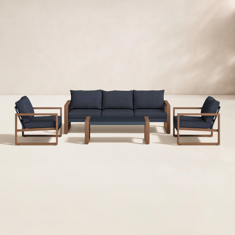 Ensemble de conversation d'extérieur en aluminium pour 5 personnes Arunas avec finition grain de bois et coussin résistant aux intempéries