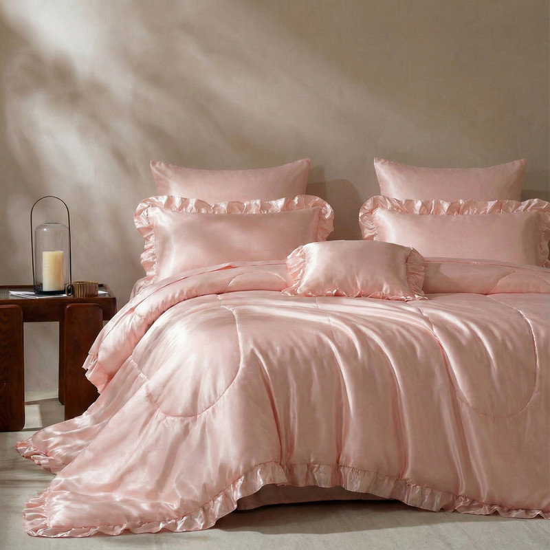 Ensemble d'édredon en satin avec draps pour grand lit 8 pièces Ensemble de literie soyeux rose à motif de volants avec 1 housse de coussin