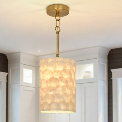 Brass Pendant Light With Natural Seashell Shade, Adjustable Height Cylindrical Ceiling Lamp For Kitchen Island