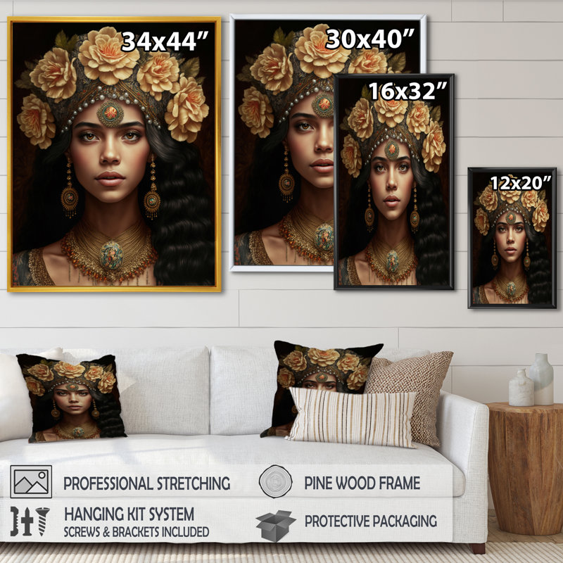 «Young Bohemian Woman with Flower Headband I», reproduction sur toile, H 20 po x l 12 po x P 1 po, Cadre flottant doré