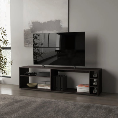 Élégant meuble télé en wengé avec rangement ouvert et tablettes spacieuses pour écrans de 70 pouces pour les salons modernes.