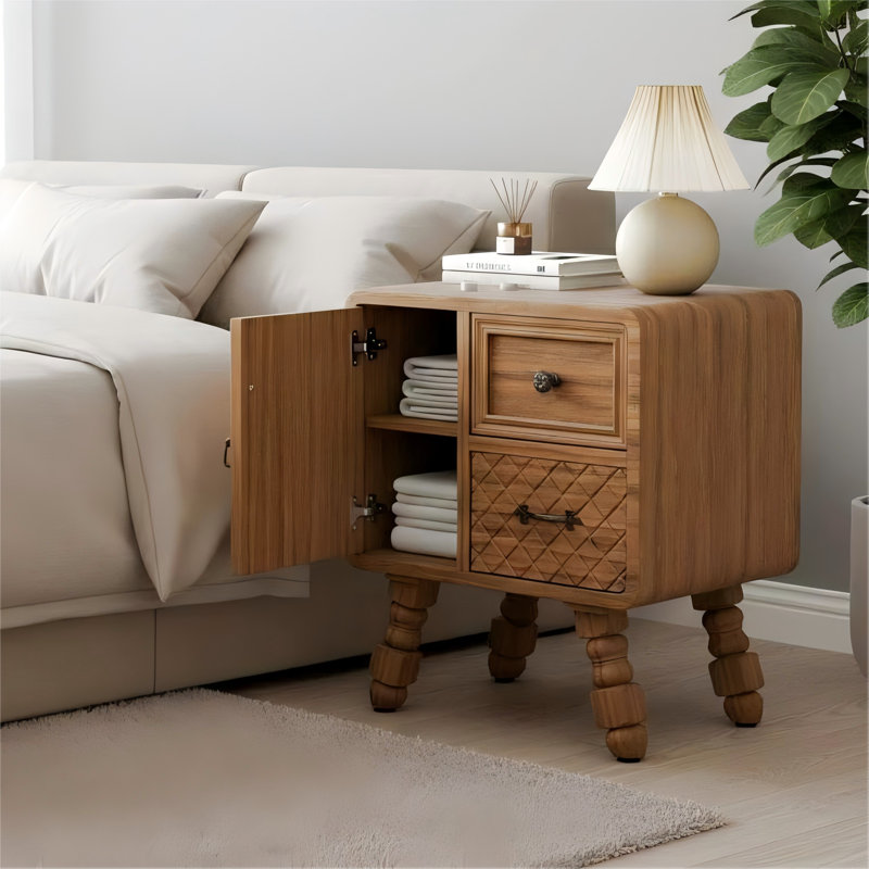 Table de chevet rétro en bois massif avec 2 tiroirs et armoire, table de bout antique pour chambre à coucher ou salon