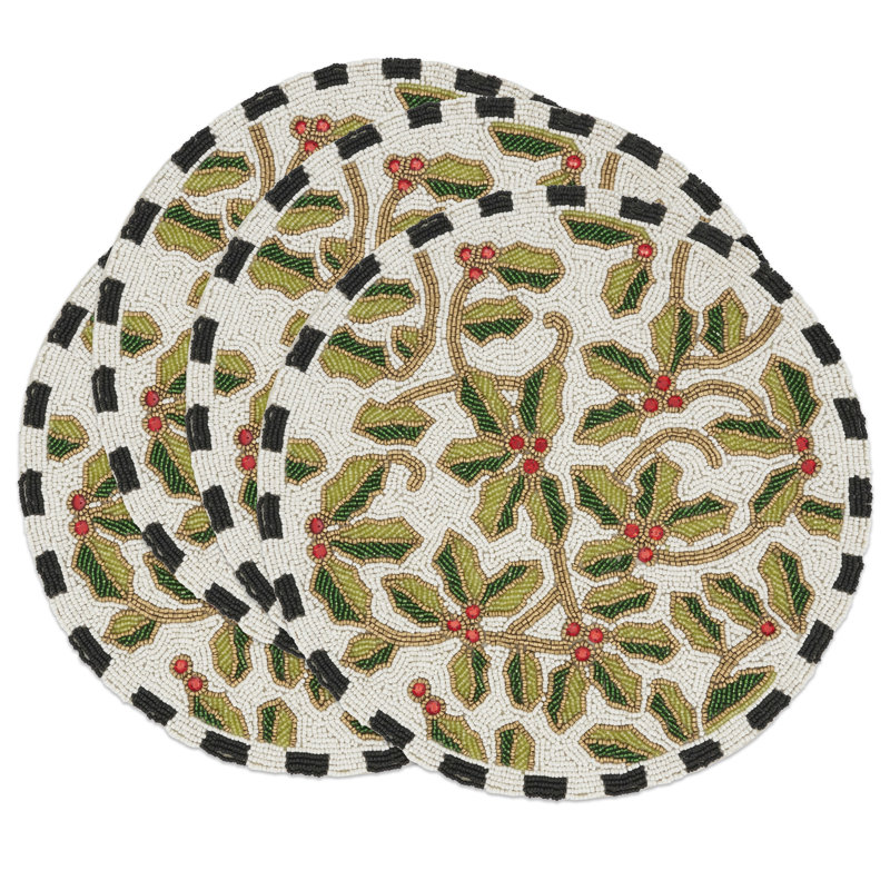 Festive Holly Leaves Beaded Round Placemats Set of 4