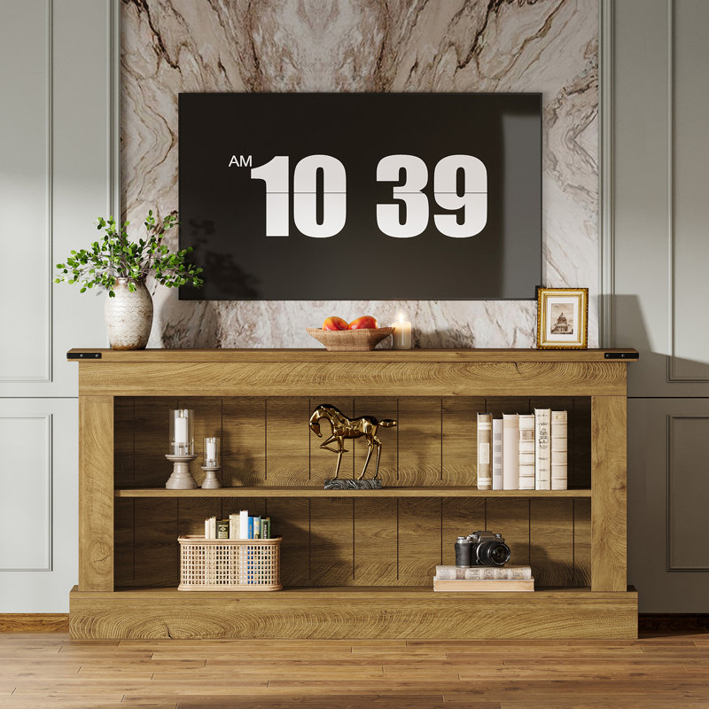 Meuble télé 63 po pour téléviseur de 75 po, meuble multimédia moderne avec rangement, Brun