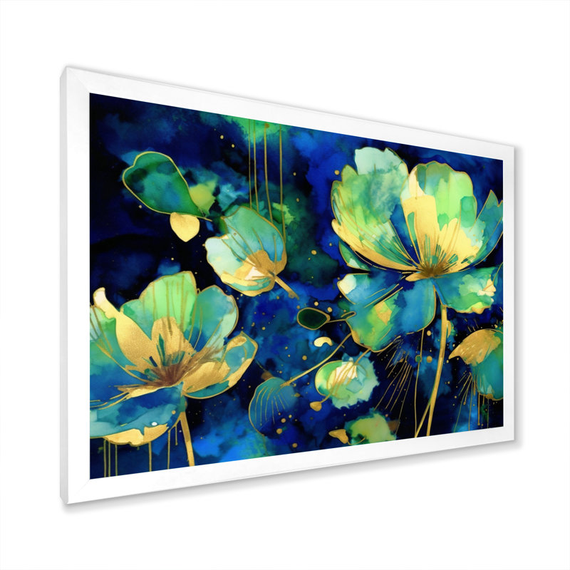 Étang de lotus vert sur toile, H 34 po x l 44 po x P 1,5 po, Cadre photo blanc