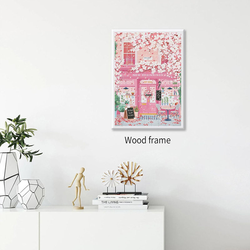 Pink Blossom Cafe Canvas Wall Art Trendy Pink Cherry Flower Poster 16X24 inch Framed Funky Pastel Girly Aesthetic Prints for Kitchen Coffee Room