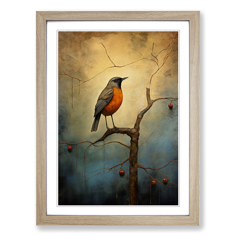 Robin Bird Modern - Framed Print, 34cm H x 25cm W x 2cm D, Oak
