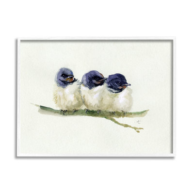 Trio de bébés hirondelles perchées sur une branche, art mural sur toile tendue XXL par Verbrugge Watercolor