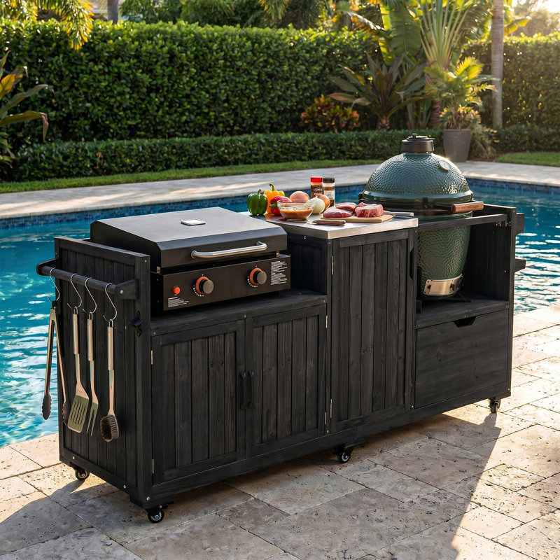 Large 80.5''W Rolling Outdoor Kitchen Island With Wheels And Stainless Steel Top, Wood Grill Cart For Big Green Egg& Blackstone Griddle