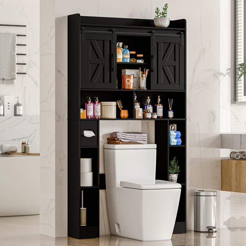 Armoire de rangement Farmhouse au-dessus d'une toilette avec portes coulissantes, Noir