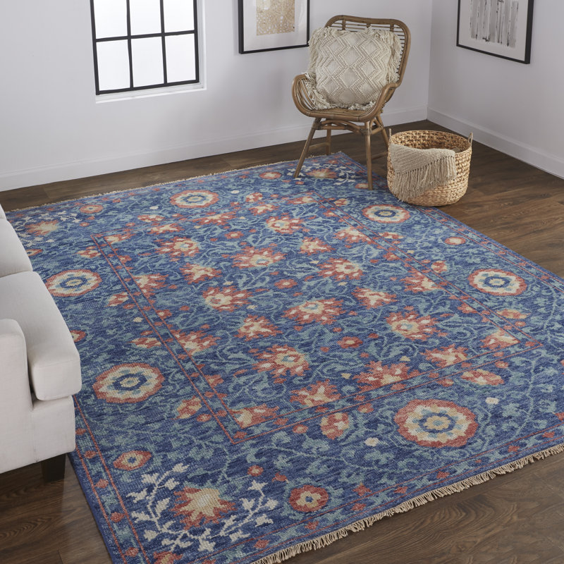 Beall Wool Floral Area Rug in Blue, Rectangle 5'6" x 8'6"