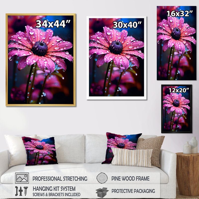 «Dew Drops on Pink Marguerite Flower», reproduction sur toile, Cadre simple blanc, H 32 po x l 16 po x P 1 po