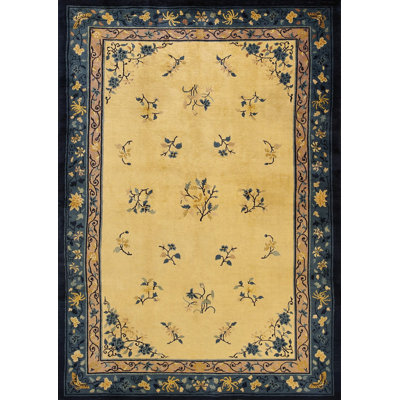 Antique Wool Blue Ivory Beige Cream White Hand Knotted Pile Rug