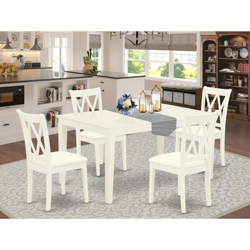 Ensemble de table de cuisine 5 pièces pour 4 personnes comprenant une table de salle à manger rectangulaire et 4 chaises en bois massif, lin blanc