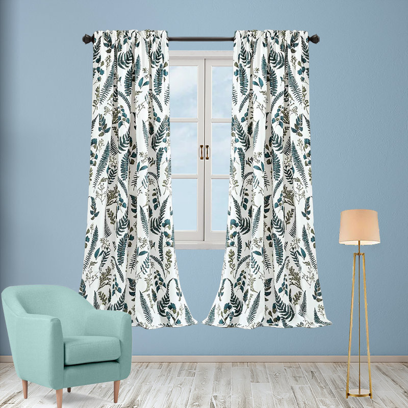 Devonia White and Green Floral Polyester Blackout Curtains