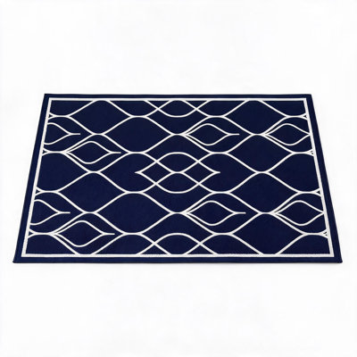 Tapis de patio extérieur imperméable et réversible - Paille en plastique tissé en PP tissé pliable, rayé moderne lavable pour véhicule récréatif, terrasse, cour, plage et camping - bleu marine / blanc, 150 x 244 cm (5 x 8 pi), États-Unis