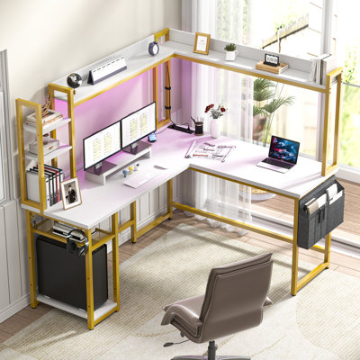 Adjustable Height Modular L-Shaped Steel Computer Desk with Built-In Electrical Outlet