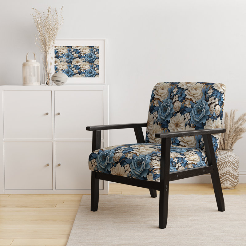 Toile exotique bleue et blanche à motif floral - fauteuil de ferme rembourré, fauteuil décoratif floral rustique