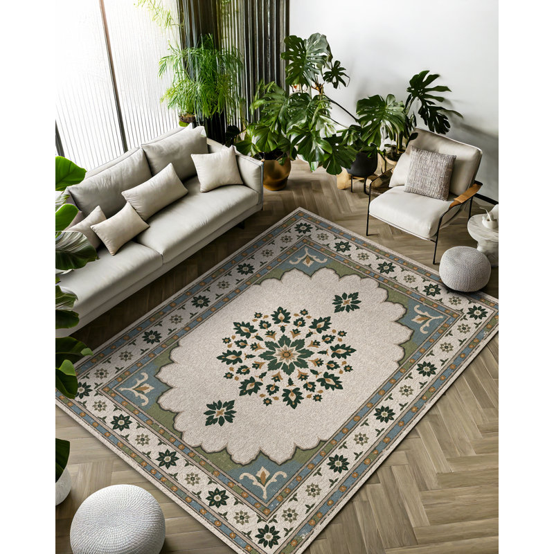 Stella Collection Digital Print Cotton-Polyester Beige Moroccan Rug, Rectangle 4' x 5'