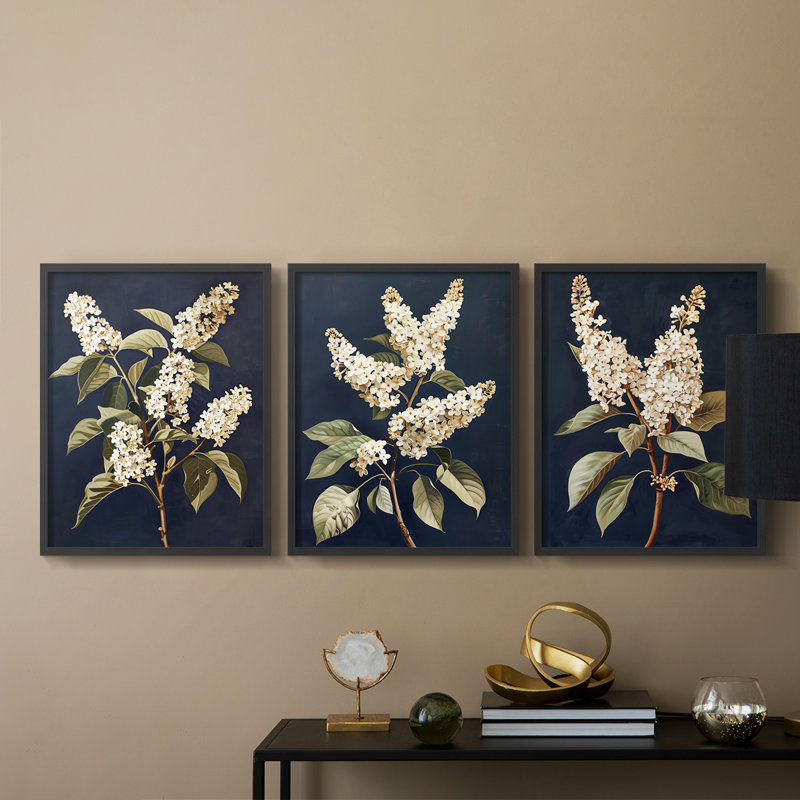 Étude florale série II - Ensemble de 3 estampes numériques encadrées - Prêt à être accroché, Cadre noir, H 14 po x l 11 po