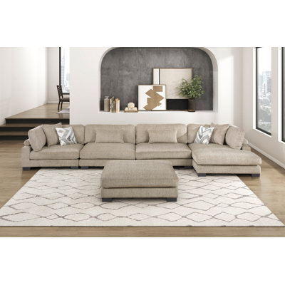 Contemporary 5-Piece Modular Sectional Sofa Chaise Ottoman Brown Plush Comfortable Pillows Upholstered Solid Wood Living Room Furniture