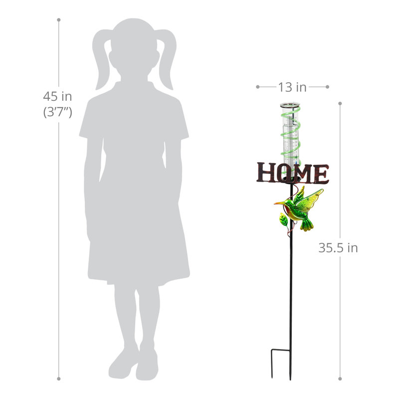 Green Metal Solar Hummingbird Rain Gauge Garden Stake