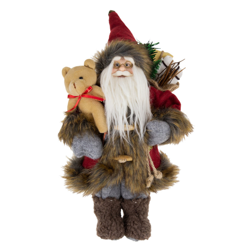 Père Noël debout avec un ours en peluche - 9 po x 8 po x 15 po - rouge, blanc, noir