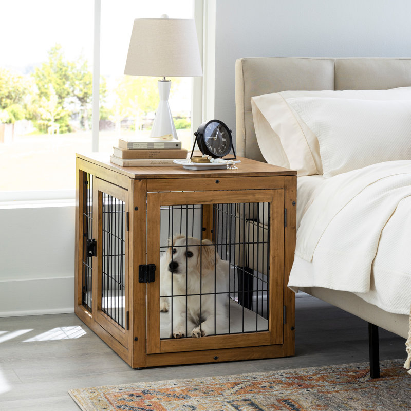 Caisse pour chien de style meuble PETMAker - Chenil en bois d'acacia avec portes doubles et coussin, Naturel