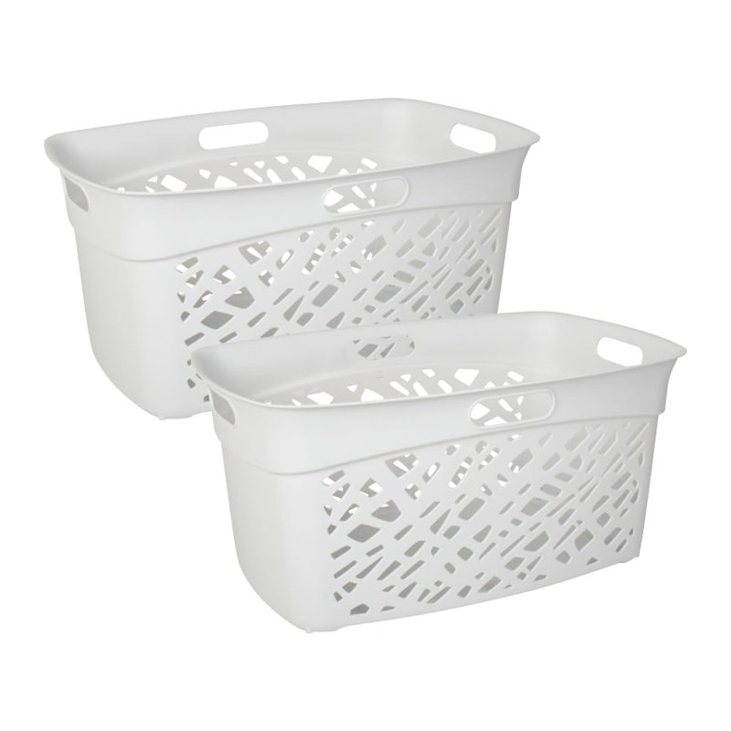  Non-Breakable Mosaic Laundry Basket, 2-Pack 45L - Misty White, Decorative Storage, Vented Design, Made in France, Modern Home Organizer