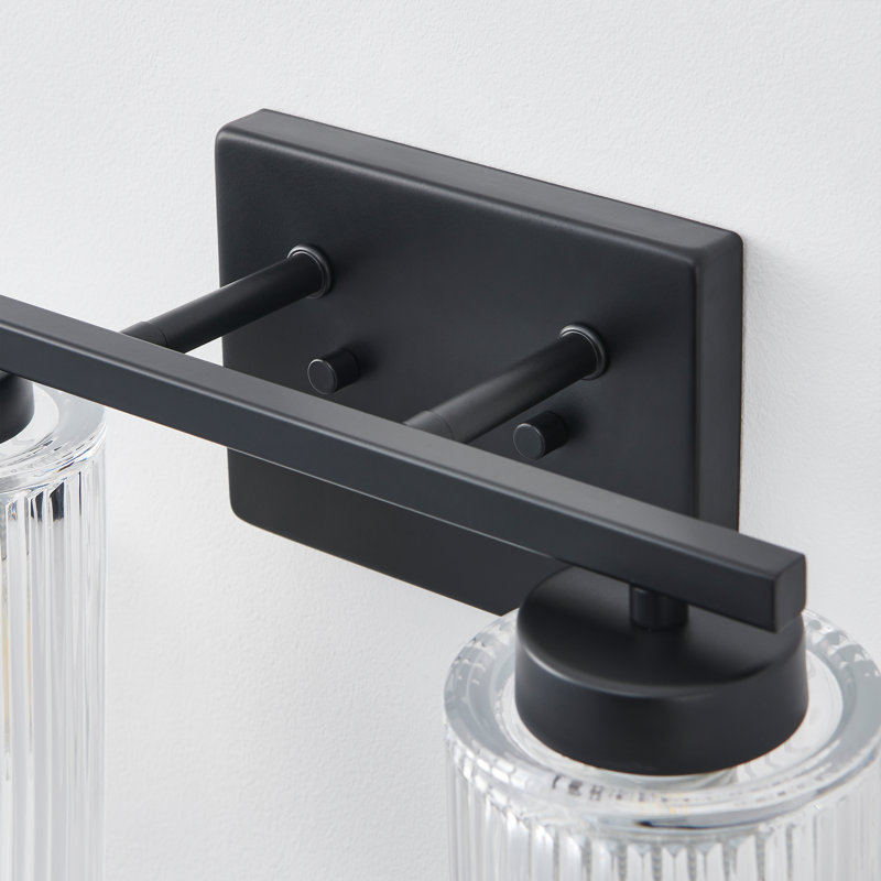 Éclairage pour salle de bain 2 lumières avec abat-jour en verre nervuré transparent, Noir mat