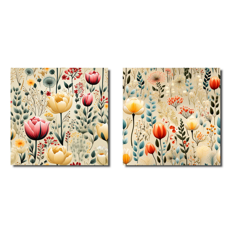 Jardins - Ensemble de 2 collages carrés floraux et botaniques, H 16 po x l 33 po, Toile tendue