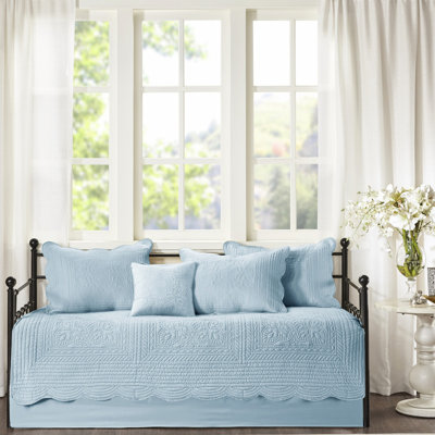 Housse de lit de jour 6 pièces bleu - bord festonné, 100% microfibre avec mélange de coton, style rustique, housse de protection de 17 pouces, 15 pouces, 3 taies décoratives, 1 coussin décoratif, pièces réversibles pour lit simple, coton, champêtre