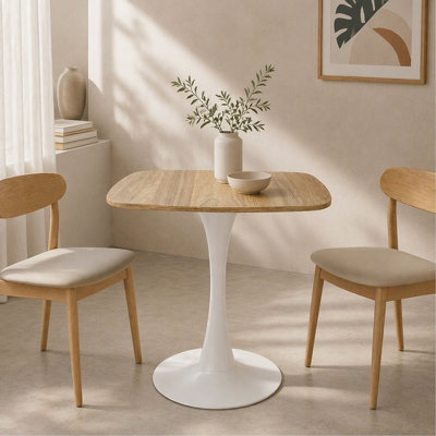 Table de salle à manger carrée, table tulipe carrée de 61 cm (24 po) avec plateau en MDF et pied central en métal blanc mat, table de bistrot moderne du milieu du siècle pour la cuisine, les petits espaces, le salon, le café