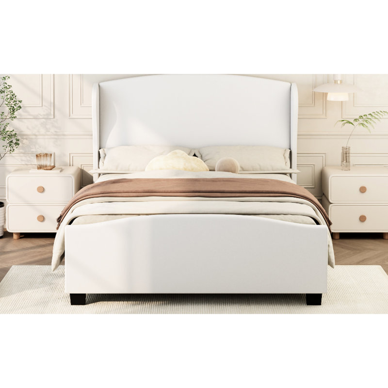 Structure de lit grand à oreilles beige tapissier en lin beige de 51 po de hauteur, fabrication solide, lin doux au toucher, idéal pour les chambres de style rétro, support solide des lattes de bois, et matériau de détente, chambre à coucher
