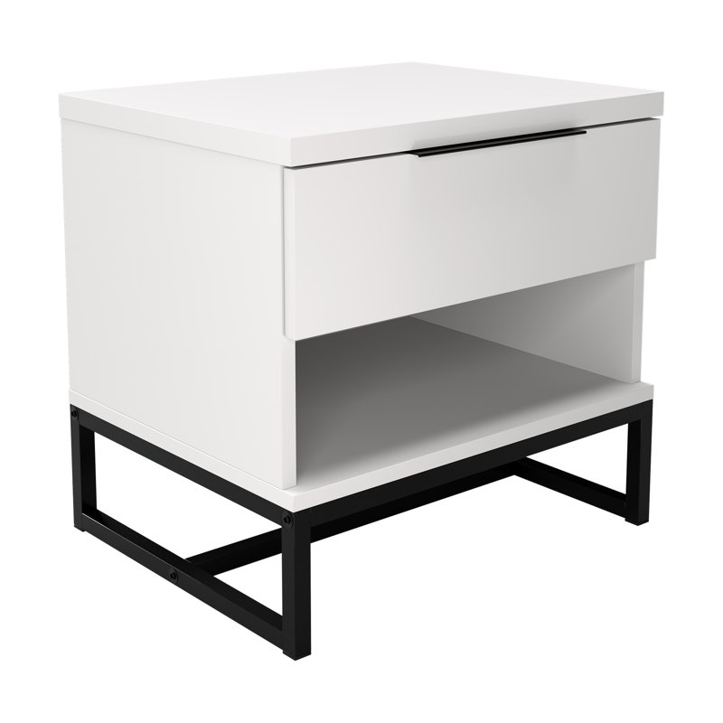 White Spruce Modern Nightstand with Drawer and Open Shelf