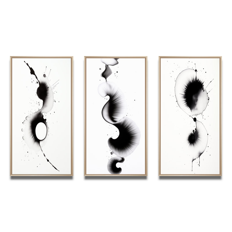Subtle Ink Monochromatic Symphony IV - Abstract Painting Art Set Of 3 Pieces, H 32 po x l 48 po, Encadré naturel