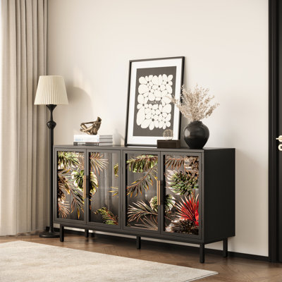4 - Door Buffet Cabinet With Tropical Plant Pattern Glass, American Retro Console For Dining Room, Ample Storage Capacity Glass 60.3 Inch Solution, Build