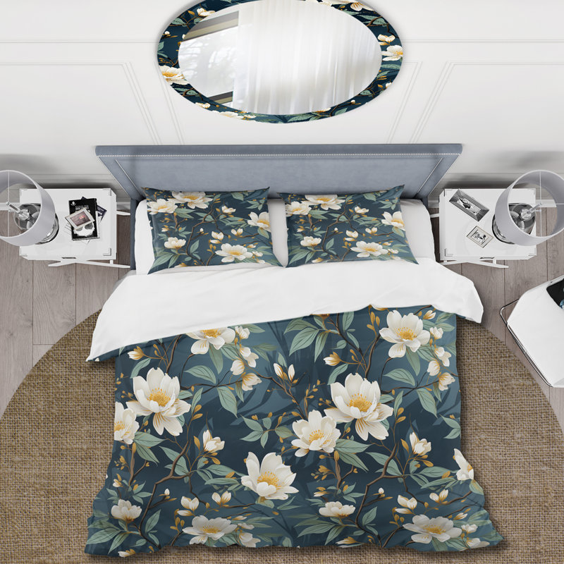 Ensemble de housse de couette fleurs blanches et bleues Veins I, Housse de couette pour très grand lit et 2 très