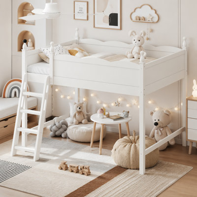 Solid Wood Loft Bed with Full-Length Guardrails and Ladder