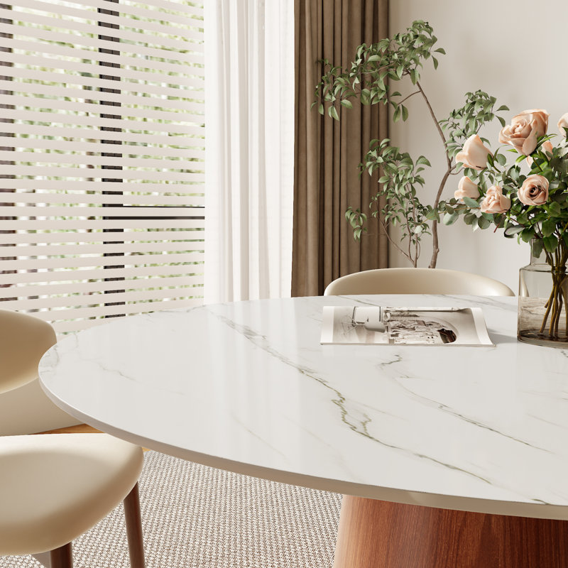 7 - Piece Round Stone Dining Table Set Solid Wood Pedestal (1 Table 6 Chairs), 29.52" H x 53.15" W x 53.15" D, White