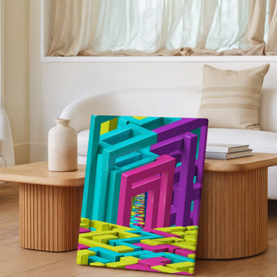 Canvas A Vibrant Abstract Maze Of Interlocking Geometric Shapes In Bold Wall Art Colors Featuring A Mix Of Turquoise Magenta Bright Canvas Wall Art