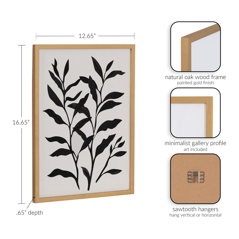 Art mural floral noir et blanc, Cadre doré, H 12,65 po x l 16,65 po