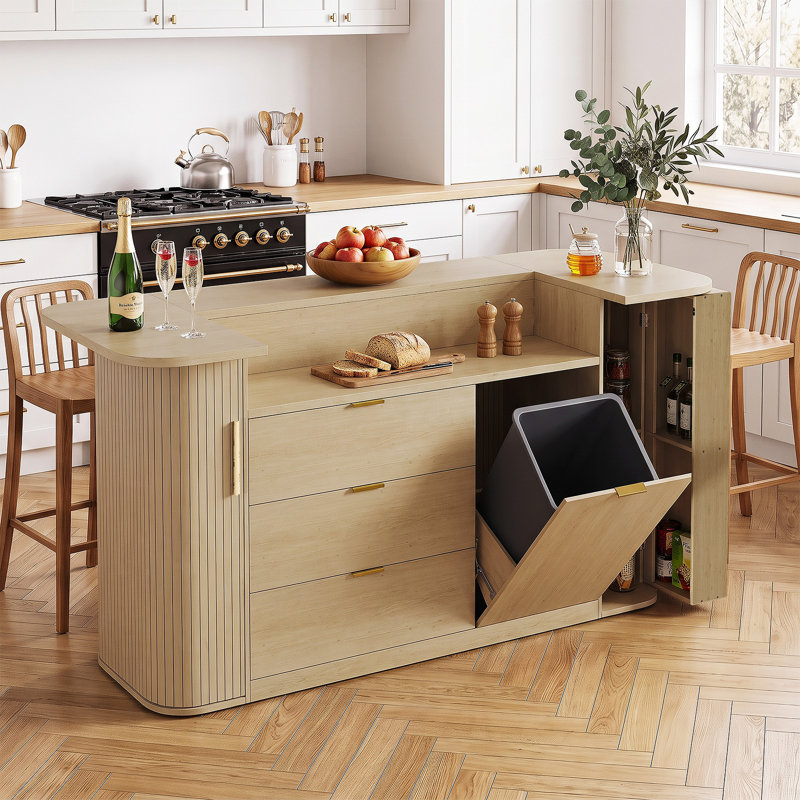 Îlot de cuisine de 200 cm (78,7 po) avec 2 armoires et 3 tiroirs, table d'îlot avec rangement pour poubelle, naturel