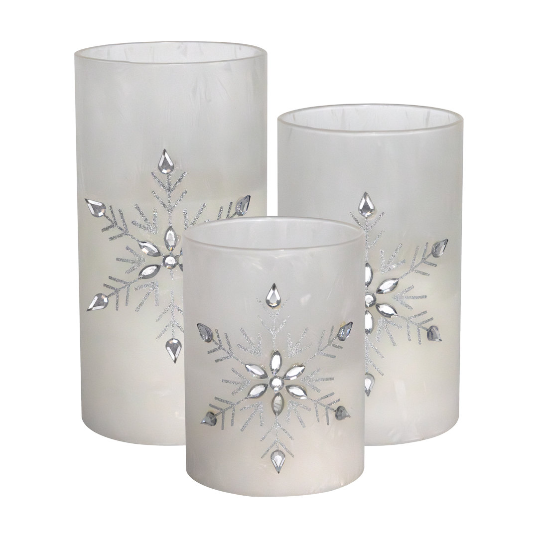 Battery Operated Glass Snowflake Hurricanes - 3 Piece Everly Quinn
