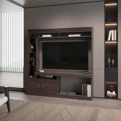Meuble audio-vidéo en noyer teint avec 2 portes et rangement ouvert