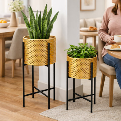Paire de grands pots à fleurs en métal, pots à fleurs d'intérieur de 24 et 22 pouces de hauteur avec supports robustes, décoration de bureau à domicile