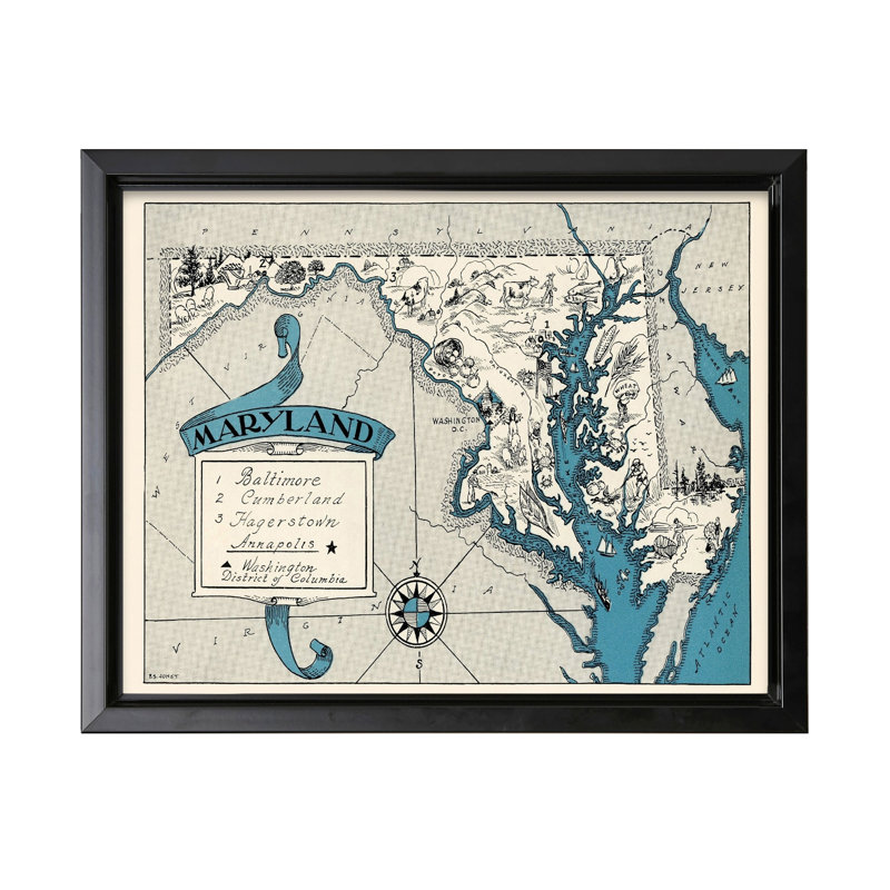 Carte illustrée du Maryland, Cadre noir, Canvas, H 16 po x l 20 po