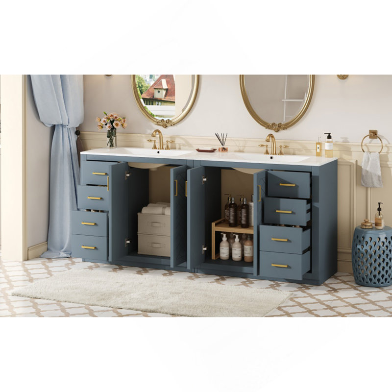 Meuble-lavabo 72 po avec lavabo en céramique (séparé), armoire de rangement en bois massif, ensemble de meuble-lavabo autoportant avec tiroirs et portes à fermeture douce