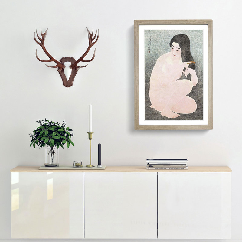 Kamisuki Combing Her Hair by Ito Shinsui - Framed Print, 36cm H x 27cm W x 2cm D, Oak Framed