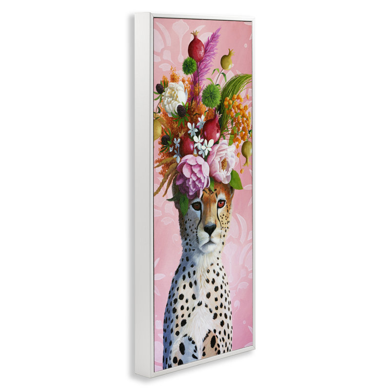 «Serious Cheetah & Florals», dessin de Heather, H 30 po x l 13 po, Estampe numérique encadrée blanc bord de mer
